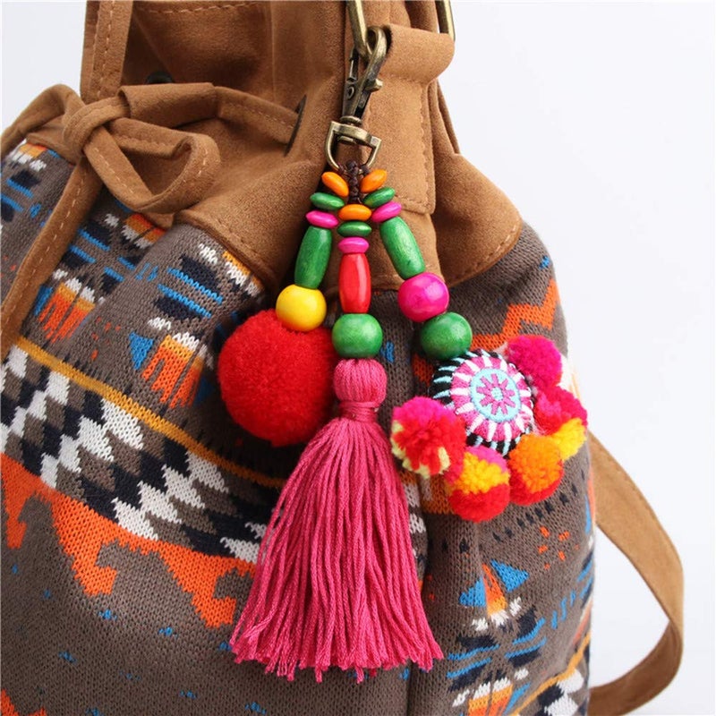 QTMY Cute Pom Pom Tassel Boho Bag Charm Pendant Keyring Keychain for Women Purse Handbag Decor (7) - Image 4
